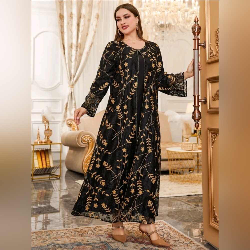 Modely Flower Embroidered Lace Overlay Tunic Dress Black